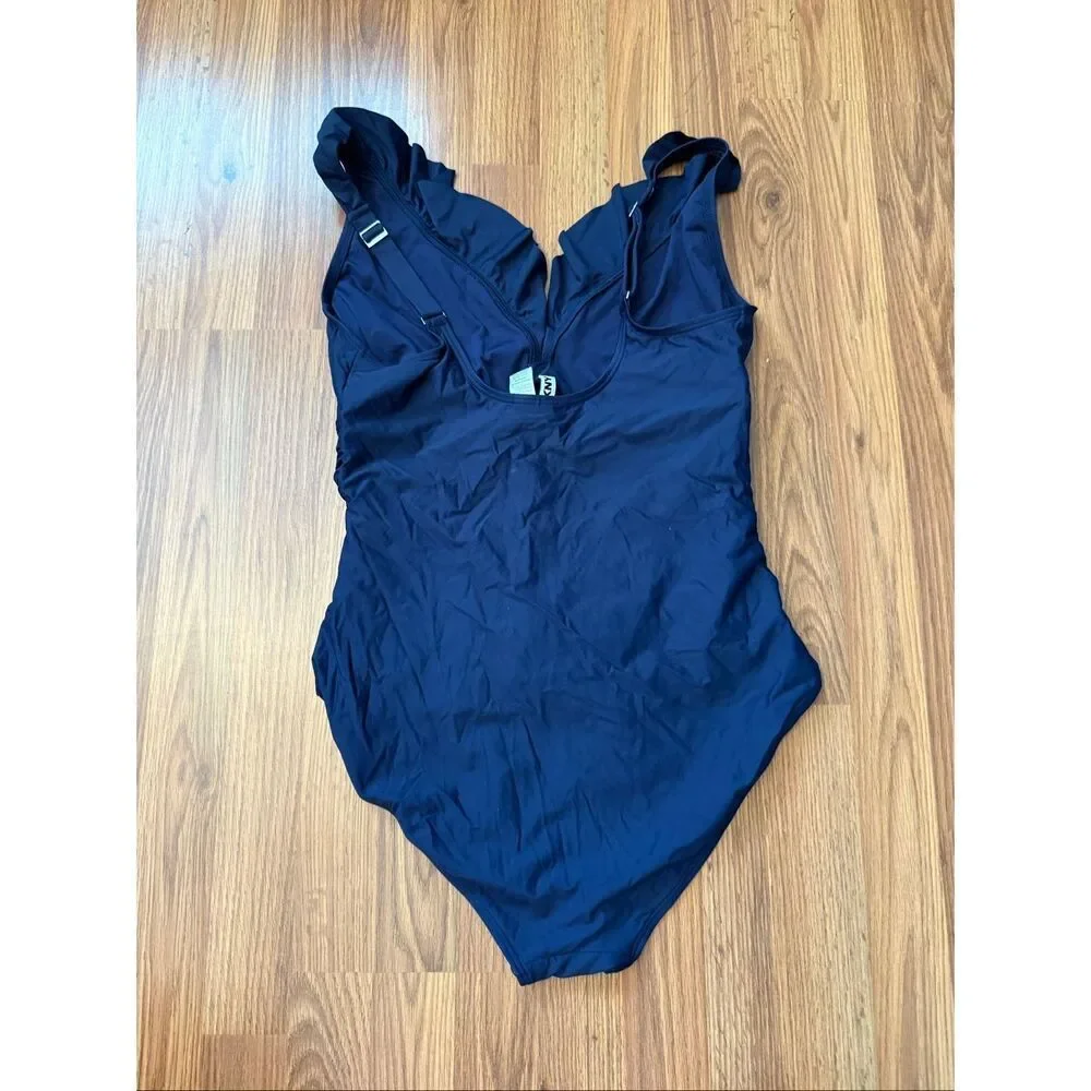DKNY Women's Ruched Ruffle V-neck Tummy Control One Piece Swimsuit Navy XL - Picture 2 of 7